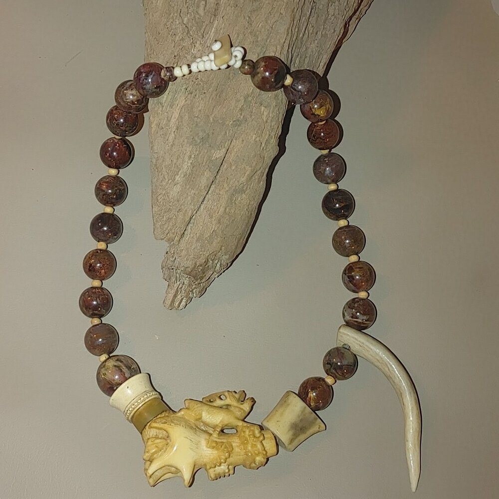 Antique Agate Bead Necklace Carved Antler Pendant Deer Elk Artisan Craft Rustic